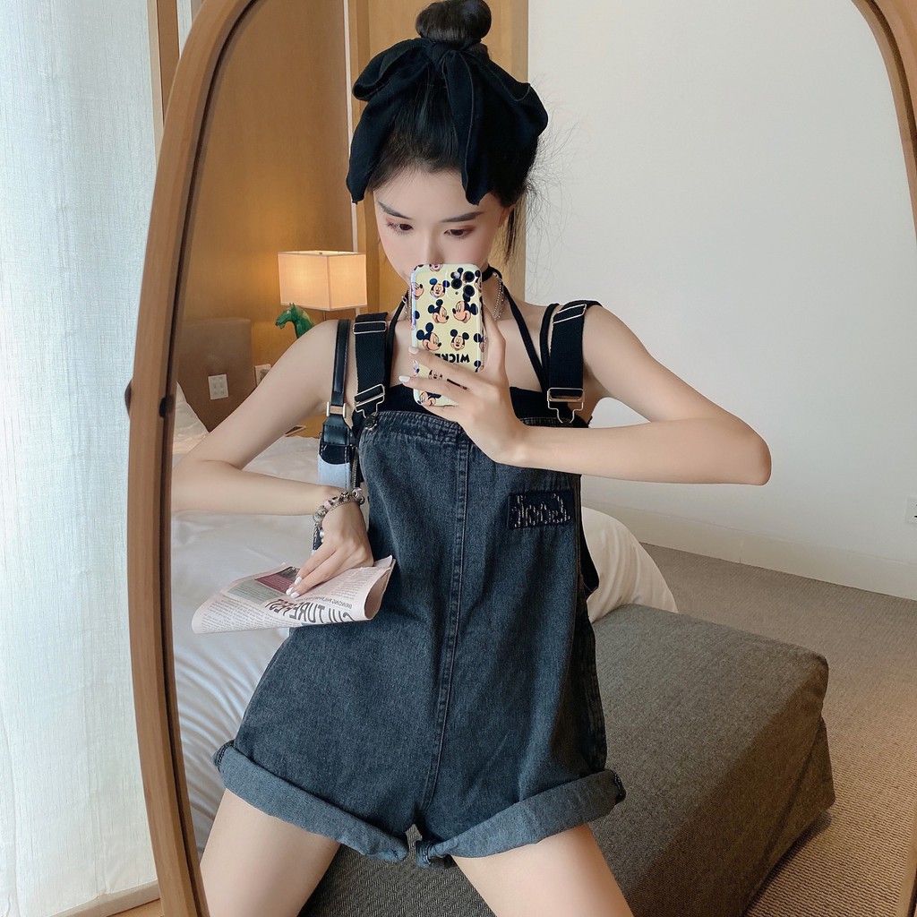 (Order_ảnh thật) Quần yếm short jeans bò đen dáng jumsuit siêu xinh xắn đáng yêu