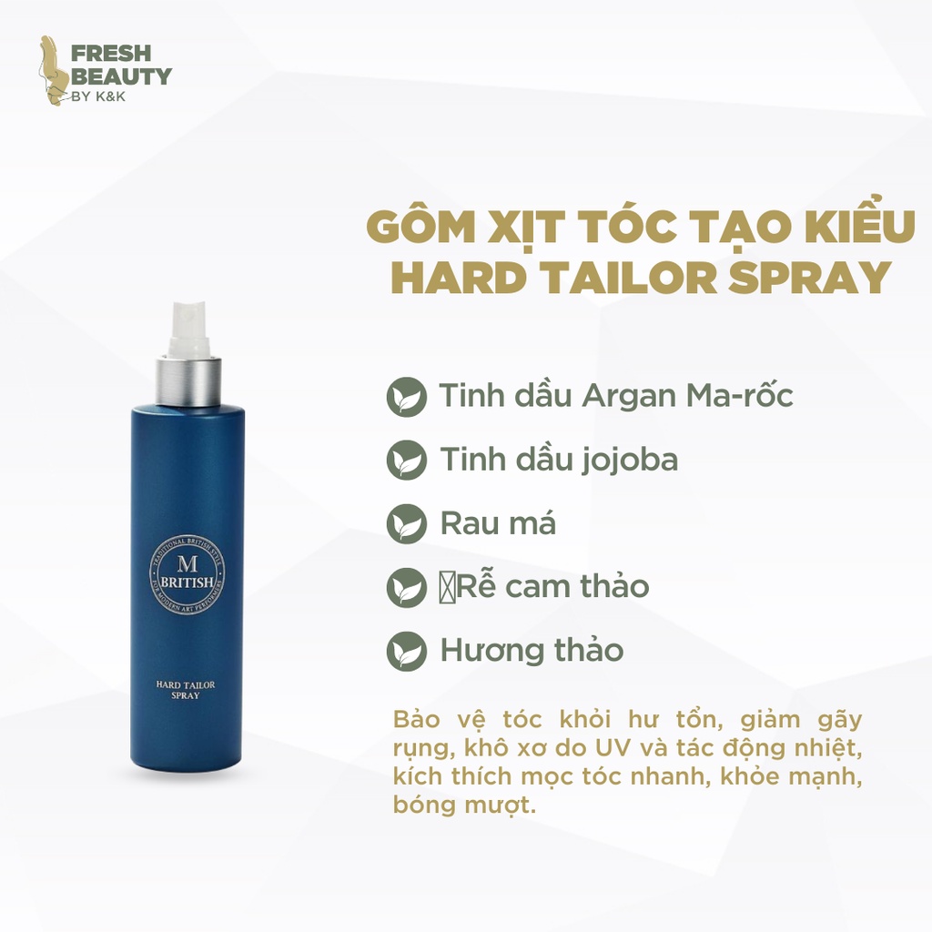 Gôm xịt tóc (keo xịt tóc)nam nữ BRITISH M Hard Tailor Spray tạo kiểu giữ nếp, không nặng tóc, dễ dàng đổi kiểu 80ml