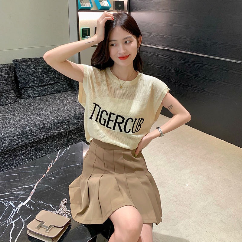 Áo Thun Dệt Kim Sát Nách Vải Lụa Lạnh Mỏng Thêu Chữ Kiểu Retro Mỹ Thời Trang Mùa Hè Cho Nữ