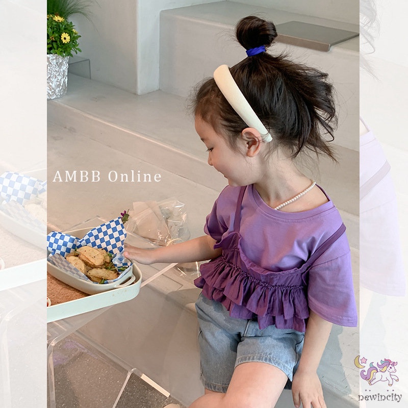 Bộ Áo Thun Cotton + Quần Yếm Nhún Bèo Phong Cách Hàn Quốc Thời Trang Mùa Hè Cho Bé Gái