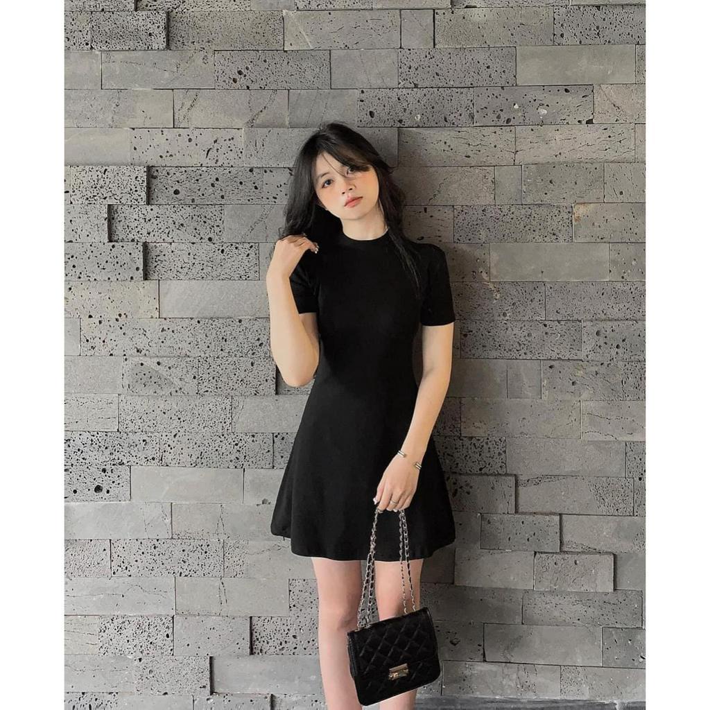 Váy thun tăm ôm body xòe chữ A ngắn tay màu đen tôn dáng, đầm tiểu thư dáng xòe đi chơi dự tiệc sang chảnh hàn quốc