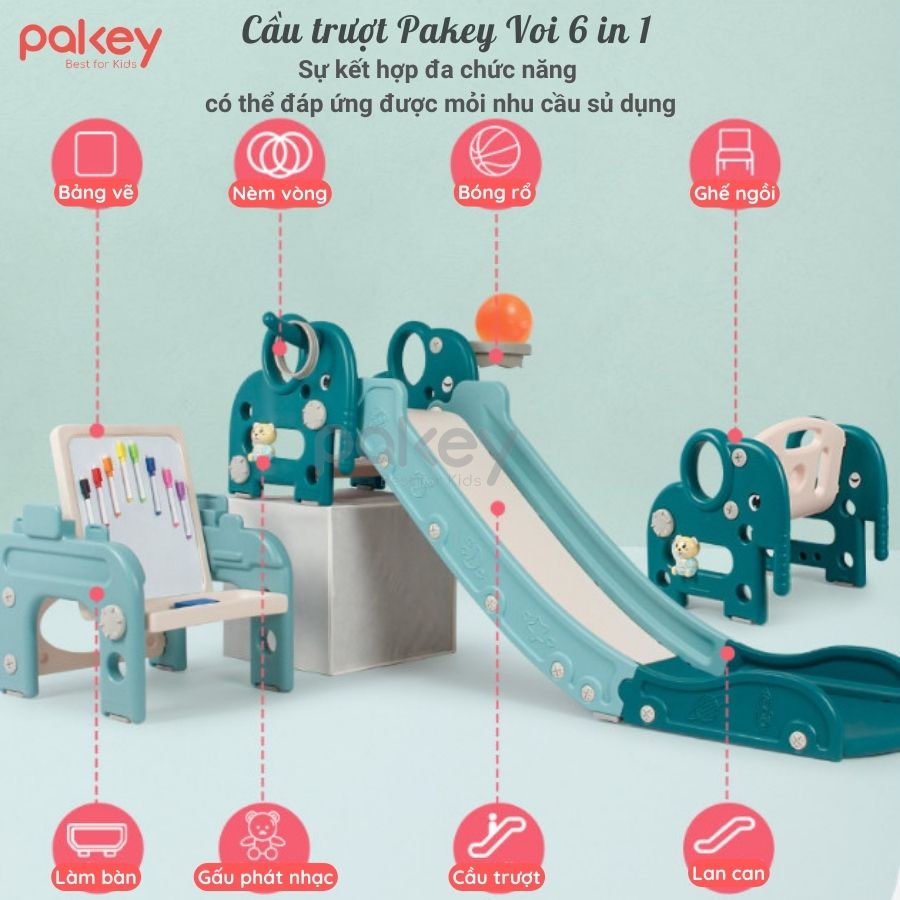 Cầu trượt cho bé PAKEY Voi đa năng làm cầu trượt, bộ bàn ghế học cho bé TẶNG KÈM Bóng Rổ Ném Vòng