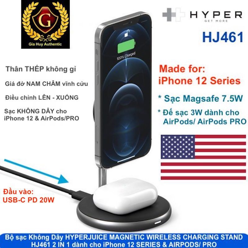 BỘ SẠC KHÔNG DÂY HYPERJUICE MAGNETIC 2 IN 1 WIRELESS CHARGING STAND HJ461 dành cho iPhone 12 SERIES & AIRPODS/ PRO