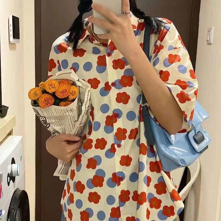 Áo Sơ Mi Vải Voan Tay Ngắn Dáng Rộng In Hoa Kiểu Hàn Quốc Xinh Xắn Cho Nữ