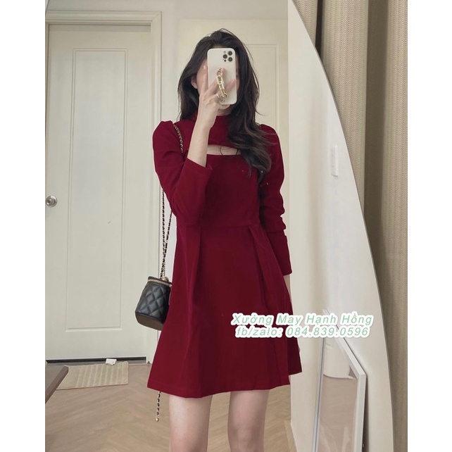 Váy nhung dáng A khoét trước buộc nơ sau