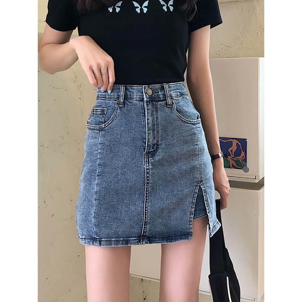 Quần Giả Chân Váy Bò Kèm Quần Trong Chữ A Lưng Cao Xẻ Tà/ Váy Jeans Denim Ôm Hông Cá Tính Gợi Cảm Hàn Quốc V00010