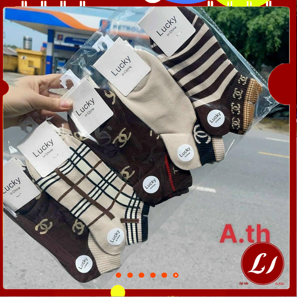 SET  TẤT VỚ NGẮN cotton họa tiết CC cho nữ sang trọng