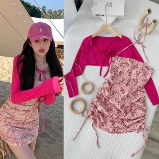 Set đầm lụa hoa ngắn ôm body nhún kèm áo khoác gân hồng cánh sen tay dài, bộ thời trang nữ dễ thương đi chơi dạo phố