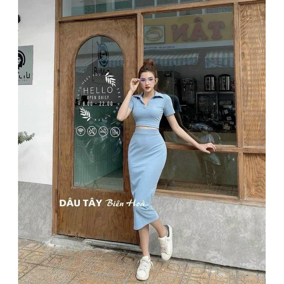 Set Áo Cổ Bẻ Chân Váy Dài Cotton 4 Chiều Tôn Dáng