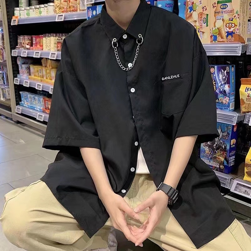 Áo Sơ Mi Lụa Lạnh Tay Ngắn Dáng Rộng Phong Cách Thời Trang Nhật Hàn Cho Nam Giới
