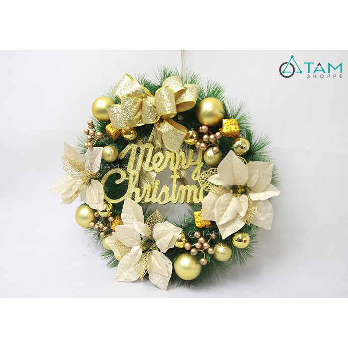 Vòng nguyệt quế Noel 4 hoa trạng nguyên ĐK 50cm X-VNGQ-17