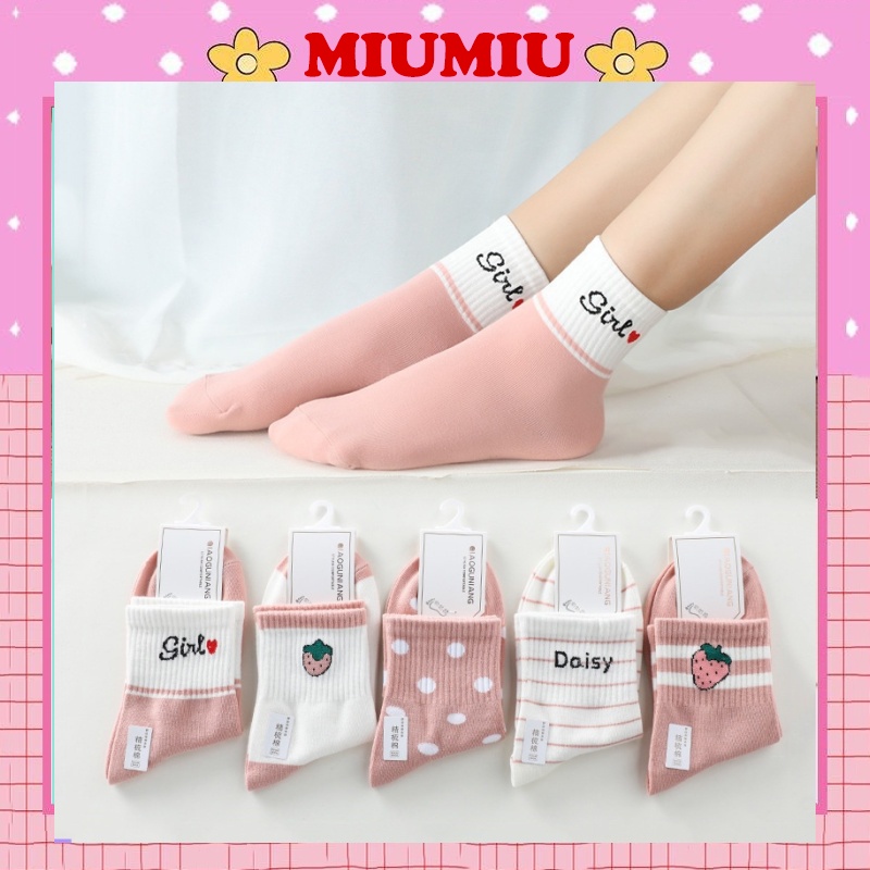 Tất nữ cổ cao Miumiu thêu dâu tây phong cách Hàn Quốc nhẹ nhàng M25