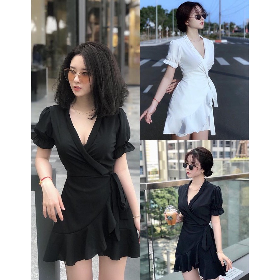 (Y Hình 100% Tặng Kèm Quà) Jumpsuit Dáng Váy Nhún Bèo (TRẮNG- ĐEN)