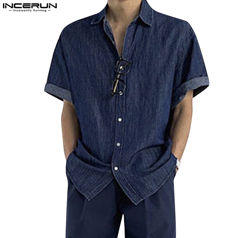 Áo sơ mi denim INCERUN ngắn tay màu trơn phối túi hộp thời trang cho nam