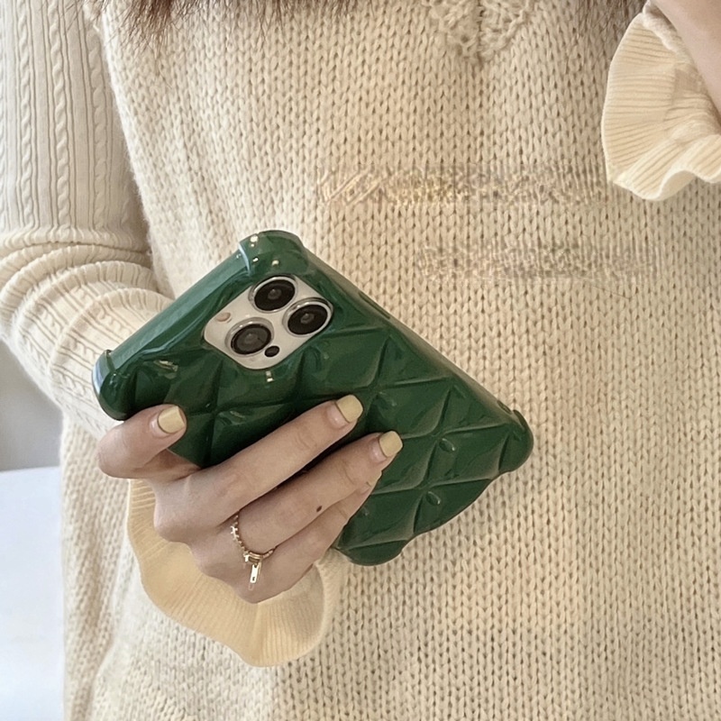 Ốp điện thoại mềm phối họa tiết hình thoi màu xanh lá đậm thời trang thu đông cho iPhone 11 xsmax xr 13pro max 12