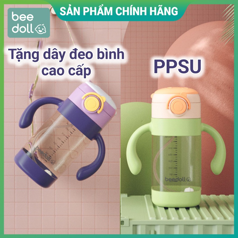 Bình tập uống nước BeeDoll cao cấp chất liệu PPSU 320ml cho bé dùng ở mọi tư thế chống sặc, Tặng kèm dây đeo + Cọ rửa