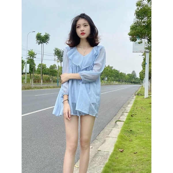 Áo babydoll sơ mi voan bèo xanh tiểu thư điệu đà Maitrangshop92 – (TTA88)