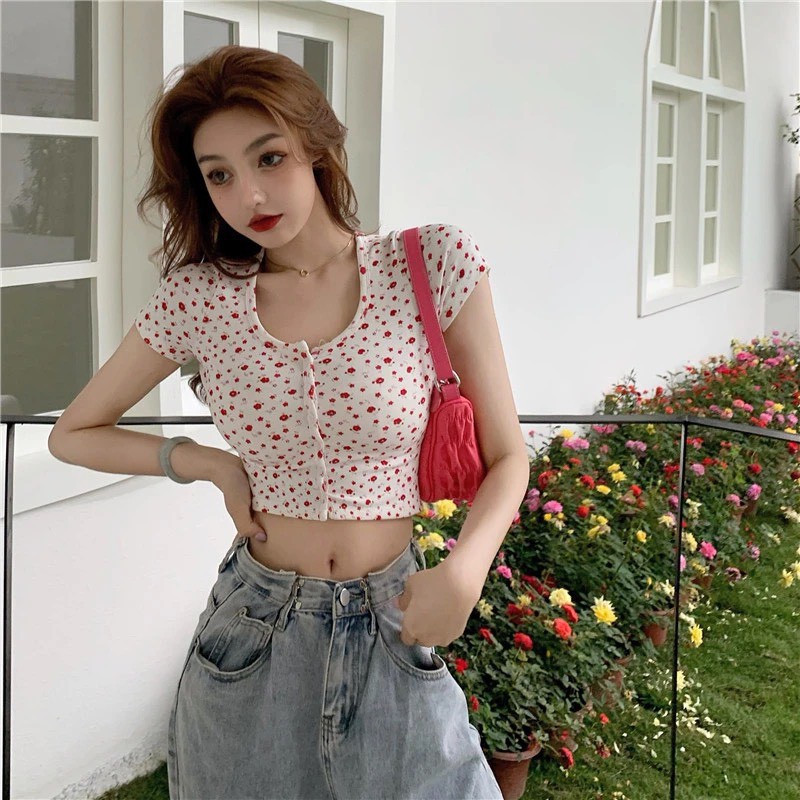 Áo croptop nữ Quảng Châu [VIDEO+ẢNH THẬT] Áo kiểu nữ tay ngắn dáng crt hoa nhí nhập Taobao phong cách trẻ trung - có sẵn | BigBuy360 - bigbuy360.vn