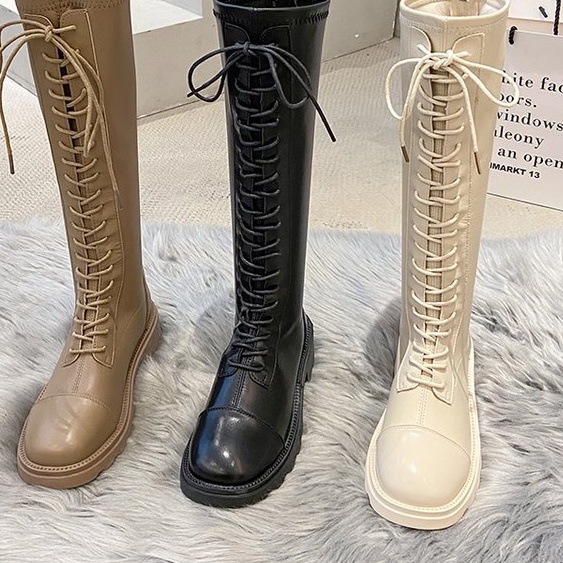 Giày bốt da cổ cao mềm mũi tròn có dây thắt thời trang dành cho nữ