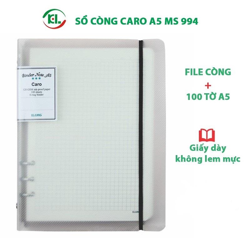 [Mã LIFE20KALL giảm 10% đơn 50K] Sổ Klong caro dotgrid A5 120 GSM file nhựa kẹp còng 100 tờ. MS: 994