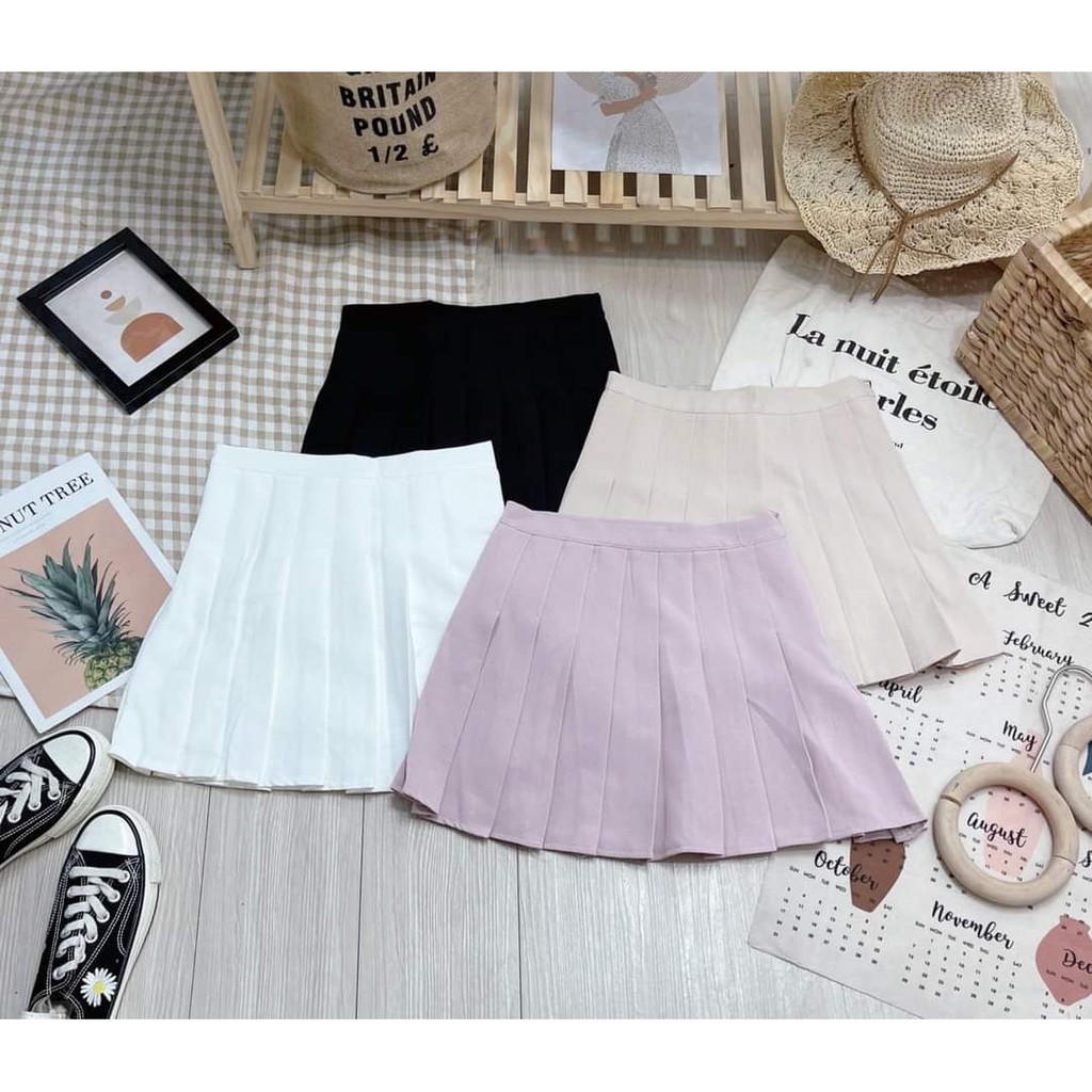 Chân váy xếp li dài qua gối, có 4 màu ( đen, trắng, kem, hồng) có quần lót trong, đủ size SML để nàng dễ lựa chọn, diện