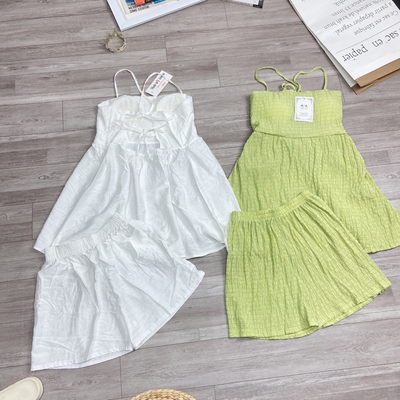 Set áo 2 dây hở lưng có đệm ngực lót mix quần sooc dáng váy babydoll quần đùi chất đũi tơ xước