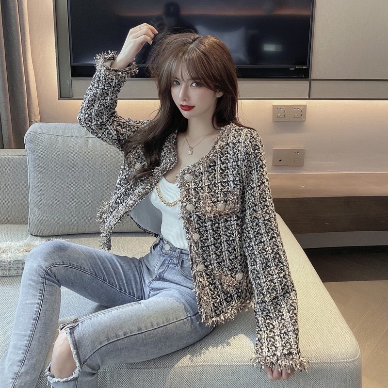Pass thanh lý áo khoác dạ tweed màu nâu siêu đẹp