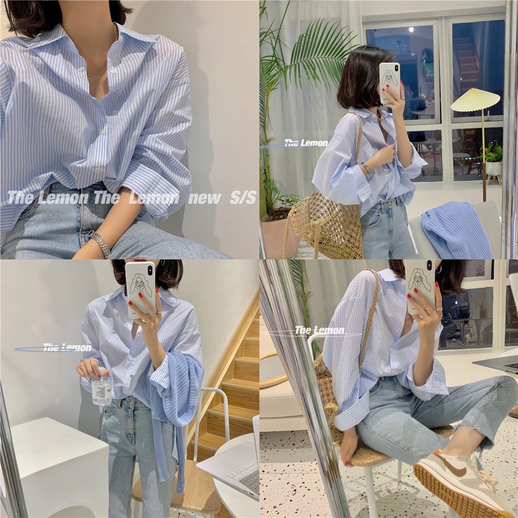 Áo sơ mi XIAOZHAINV tay dài dáng rộng kẻ sọc kiểu Hàn Quốc thiết kế trẻ trung cho nữ