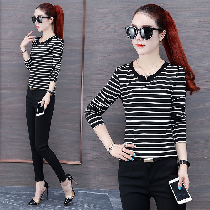 Thời Trang Áo Thun Nữ Tay Dài Dáng Rộng Cổ Chữ V Họa Tiết Sọc Ngang