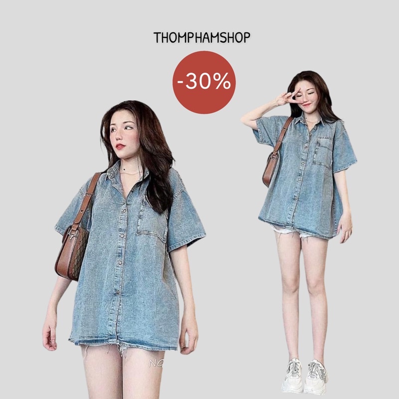 Áo Sơ Mi Bò Cộc Tay Túi Trước Vải Denim Dáng Rộng siêu xinh