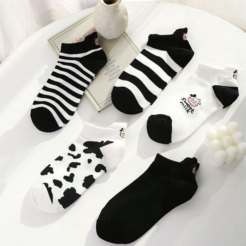 XIXI Vớ cổ thấp vô hình thêu họa tiết bò sữa hoạt hình phong cách Harajuku thời trang mùa hè cho nữ