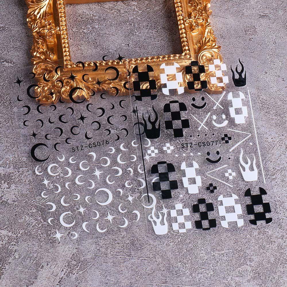 Miếng Dán Trang Trí Móng Tay Hình Mặt Trăng / Kẻ Ô / Mặt Trời Màu Trắng Đen DIY