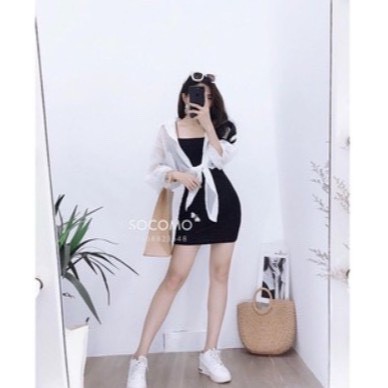 Sét váy 2 dây quai mảnh🍓🍓 kèm áo sơ mi trắng buộc vạt, mua 1 được 2, stye ulzzang, KPI