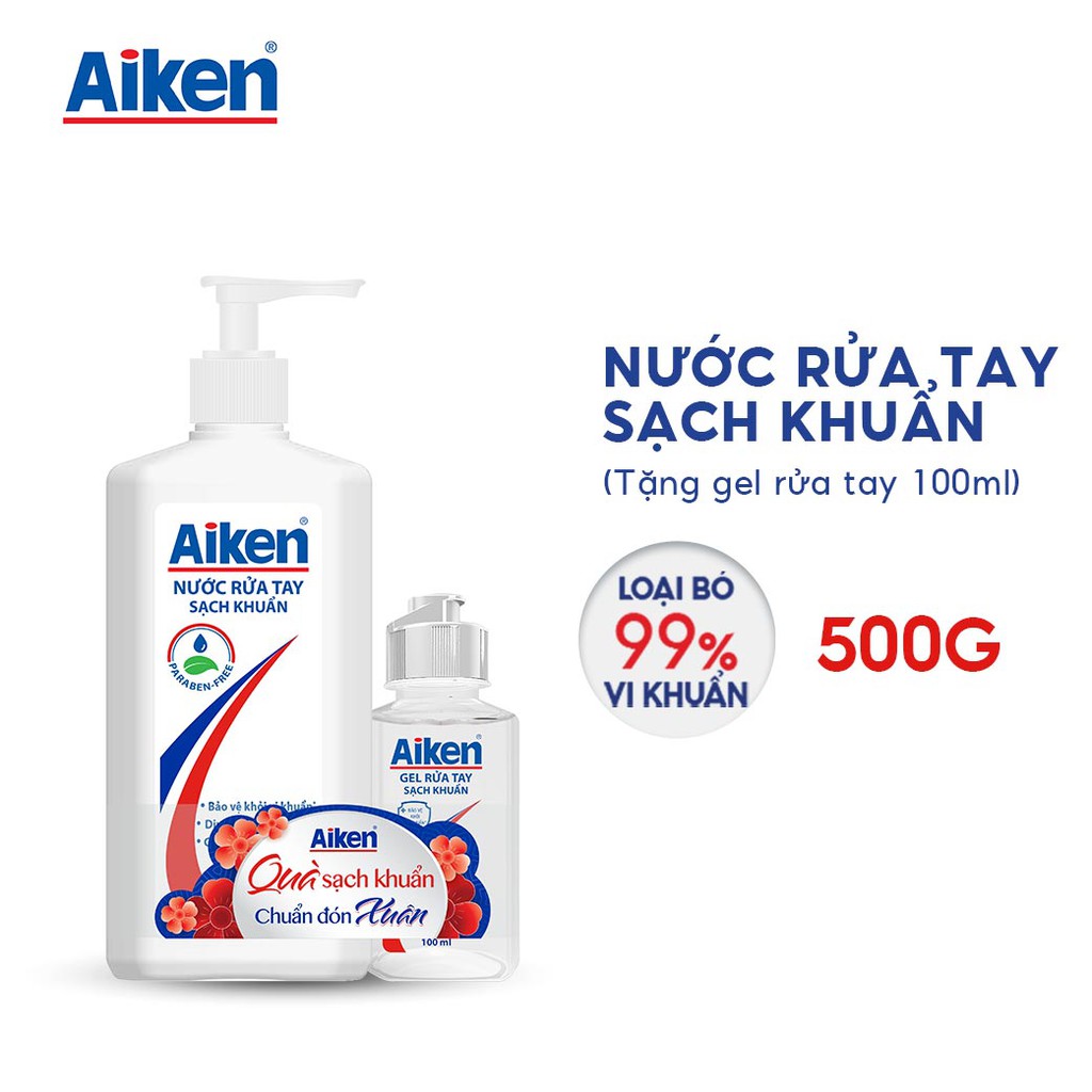 [Mã COSBDAG5 giảm 8% đơn 150k] Aiken Nước rửa tay sạch khuẩn 500g - Tặng Gel rửa tay 100ml