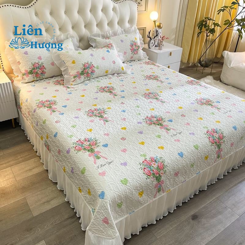 Bộ Ga Gối Cotton Trần Bông 3 Lớp Viền Bèo Dễ Thương - Ga Gối Cotton Oganic Phủ Viền Bèo Hàng Nhập Khẩu