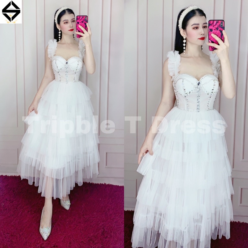 Đầm xoè dự tiệc xếp tầng kết cườm TRIPBLE T DRESS -Size M/L - MS160V
