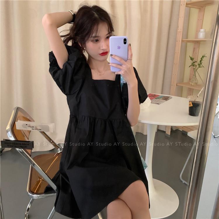 Đầm Tay Ngắn Phồng Cổ Vuông Phong Cách Hàn Quốc Cho Nữ