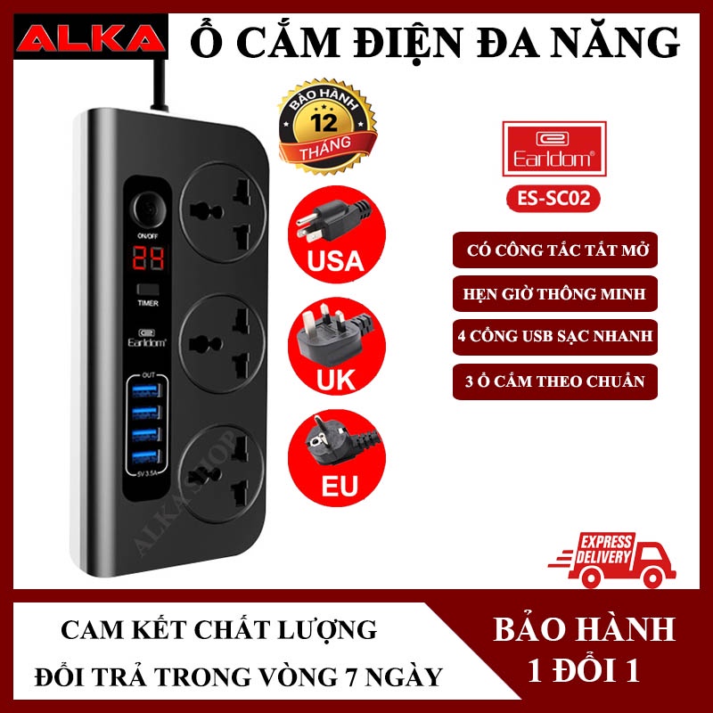 Ổ cắm điện đa năng Earldom tiêu chuẩn EU, ổ cắm điện thông minh kèm theo 4 cổng USB sạc nhanh 3.5A.