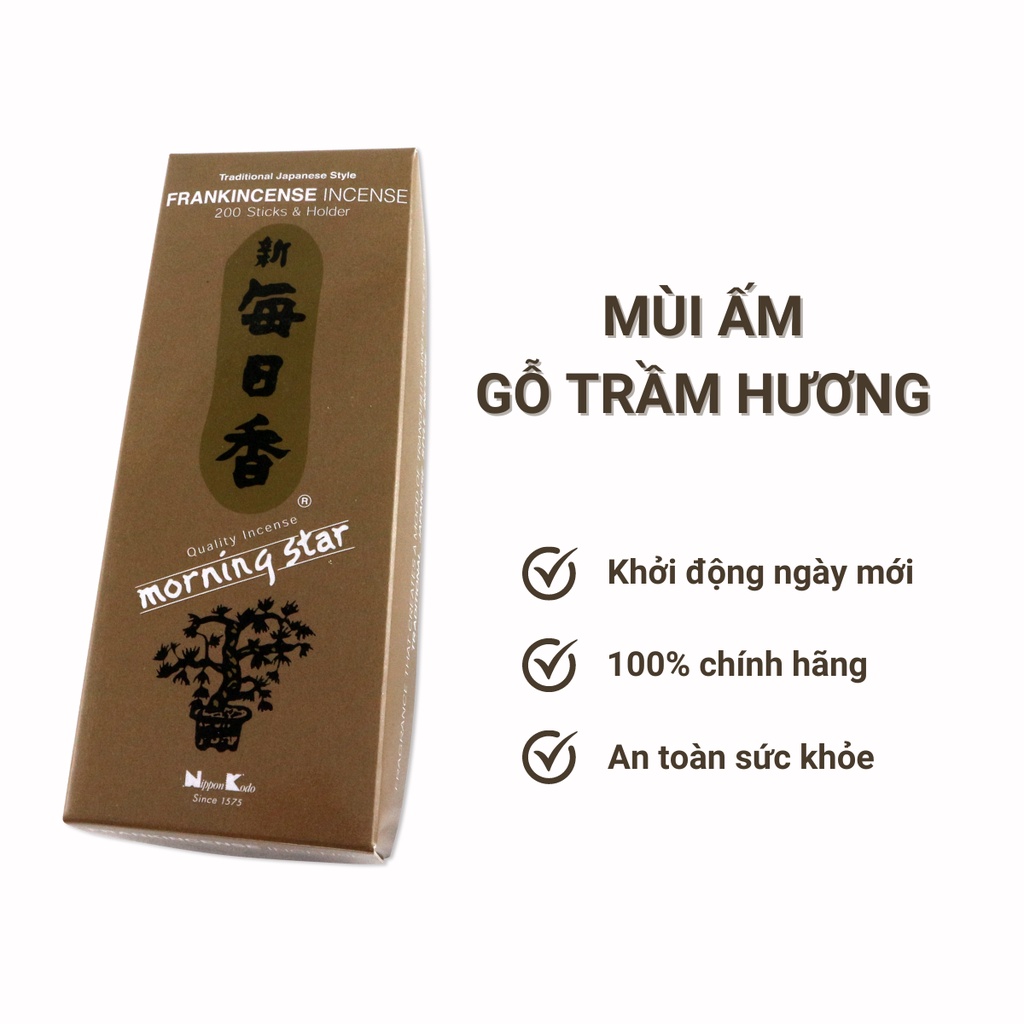Nhang thơm Morning Star Frankincense gỗ trầm hương 200 que, Thanh hương Nhật Bản thư giãn Nippon Kodo