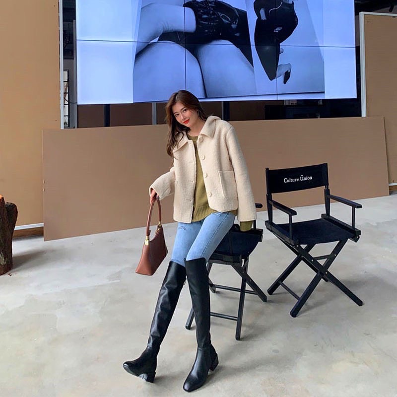 Giày bốt nữ cổ cao mũi tròn gót vuông da pu thời trang nữ phong cách cá tính