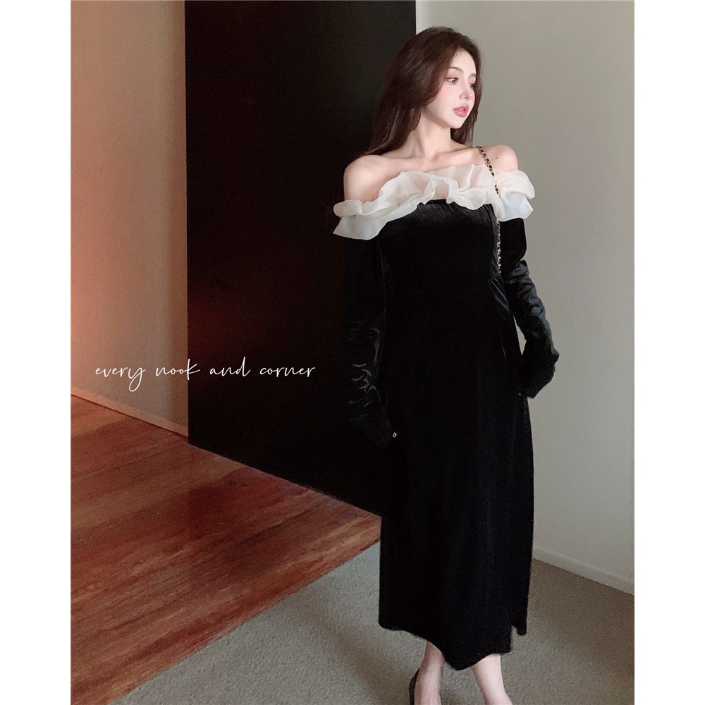 Váy dự tiệc vải nhung trễ vai phong cách sang chảnh tiểu thư hàng Quảng Châu đầu xu hướng thu đông 2021
