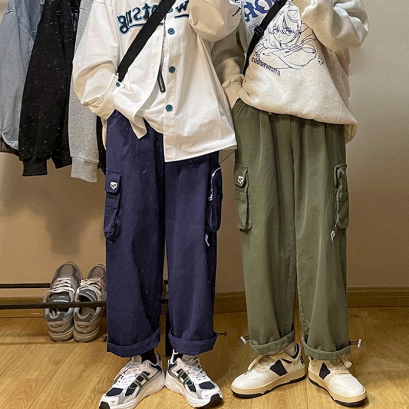 ✦ AFFLIGA ✦Quần ống rộng phối túi lớn phong cách Harajuku Nhật Bản cho nam và nữ