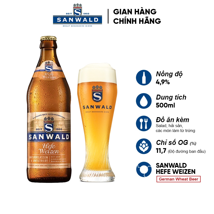 Bia Đức thượng hạng Wheat Beer - Familienbrauerei Dinkelacker Sanwald Hefe Weizen (500 ml) - Nhập khẩu 100% châu Âu