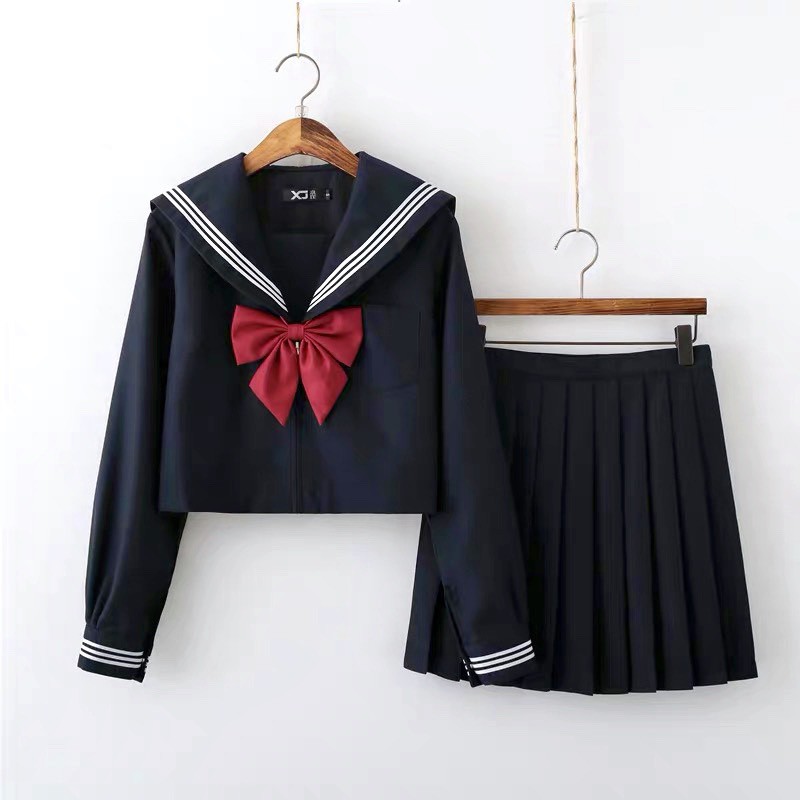 Seifuku/ Set đồng phục học sinh Nhật Bản xanh than: áo cổ thủy thủ thắt nơ + chân váy xoè
