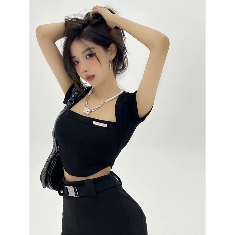 ♨♘Áo Thun Ngắn Tay Cổ Vuông Dáng Ôm Thời Trang Mùa Hè Mới 2022 Dành Cho Nữ