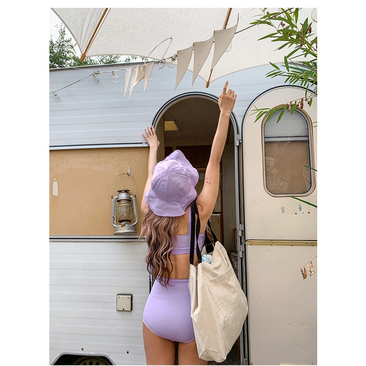 Bikini Hàn Quốc 2 mảnh áo quần lưng cao giấu bụng + kèm mũ màu tím siêu ngọt, đồ bơi đi biển, hồ bơi