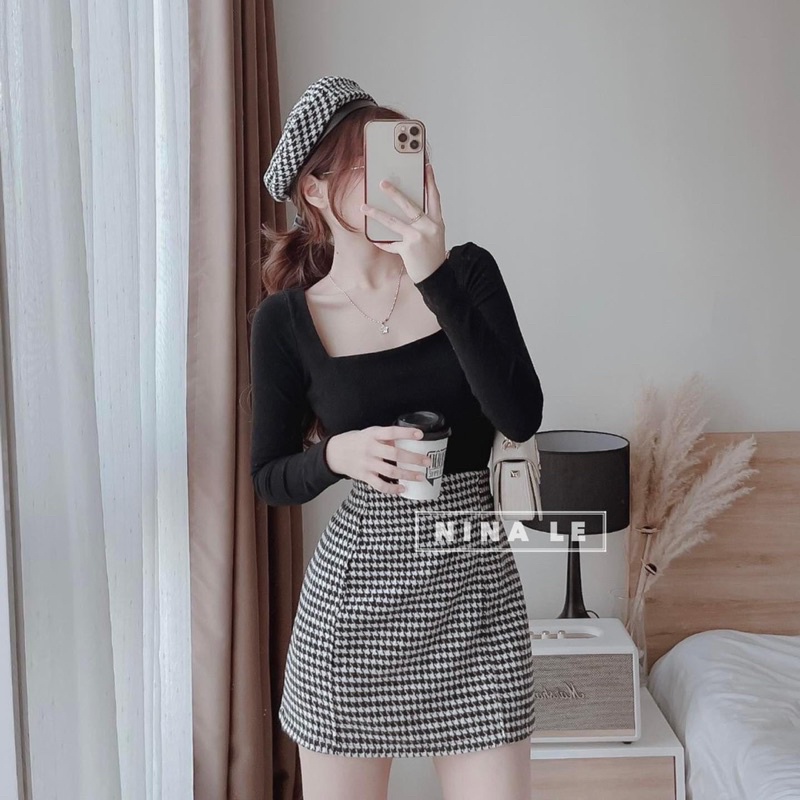Set bộ áo thun gân tay dài cổ vuông và chân váy ngắn dáng chữ A vải bố cao cấp Bigsize Kim Ngân từ 50kg đến 100kg