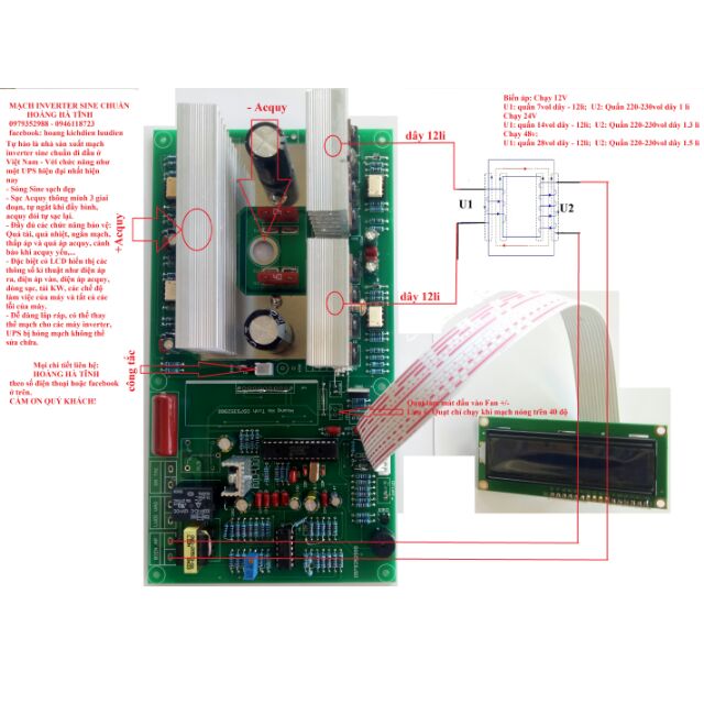 Mạch kích + sạc (inverter UPS) sine chuẩn 12v1000w, 24v2000w