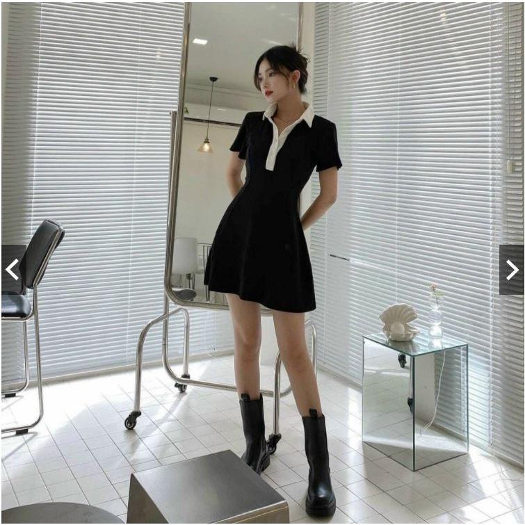 Váy polo cổ bẻ viền trắng body dáng ôm - Đầm nữ thun tăm cộc tay phong cách retro hàn quốc đẹp ulzzang