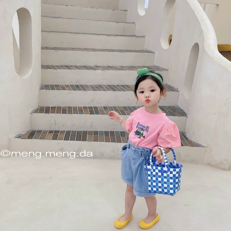 Set Bé Gái Festival Tay Bồng Phối Quần Bò Xước Cá Tính